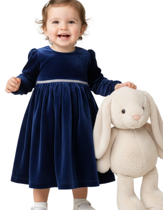 Jojo Maman Bebe Girls' Velvet Dress in Midnight Navy (Imperfect)