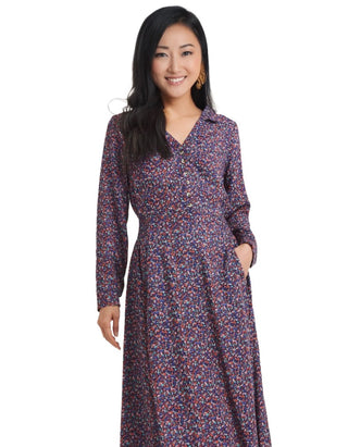 Women's Long Sleeve Shirred Waist Shirt Dress in Navy
