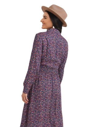 Women's Long Sleeve Shirred Waist Shirt Dress in Navy