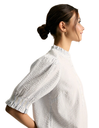 Women's Elle Blue & White Striped Frill Button-Up Blouse (Imperfect)