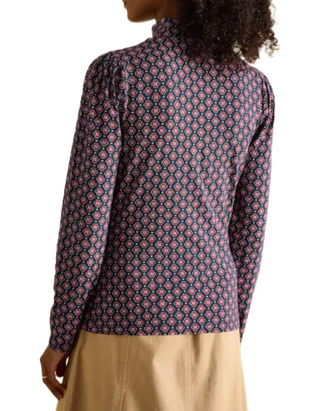 Women's Elizabeth Floral Long Sleeve High Neck Jersey Top in Navy