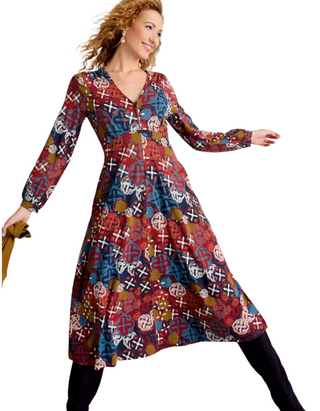 Women's Long Sleeve Megan Midi Jersey Dress in Chartreuse Multi