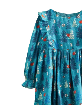 Mini Boden Girls' Frill Tiered Woven Dress in Green Forest Toile