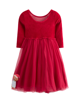 Mini Boden Girls' Velvet Tulle Applique Dress in Carmine Red Festive Dogs