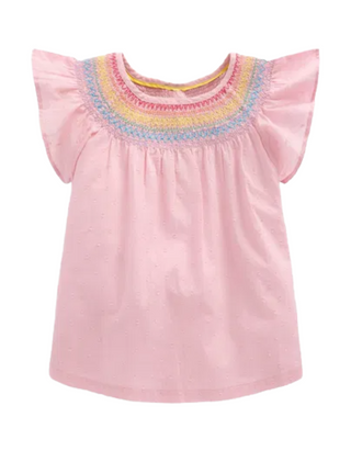Mini Boden Girls Frilly Woven Smocked Top in Blossom Pink