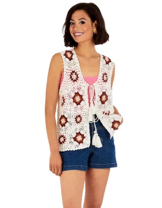 Women's Sustainable Floral Cotton Crochet Waistcoat in White Multi