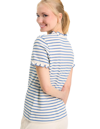 Women's Short Sleeve Cotton Frill Detail Top in Blue Stripe