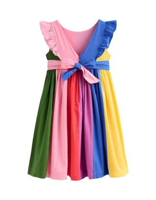 Mini Boden Girls' Prudence Cotton Stripe Bow Back Dress, Multi Rainbow