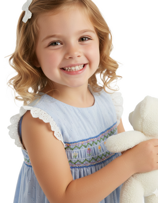 Mini Boden Girl's Smocked Lace Trim Dress in Vintage Denim (Imperfect)