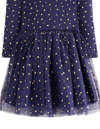 Mini Boden Girls' Rose Twirly Tulle Dress in College Navy Gold Stars