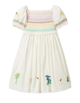Mini Boden Girls' Embroidered Smock Dress in Ivory