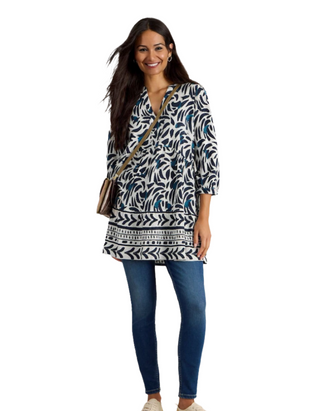 Women's Long Sleeve Marta V-Neck Jersey Tunic in Blue Print