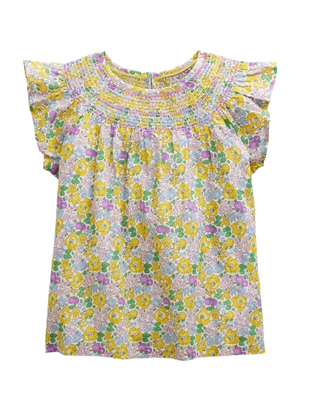 Mini Boden Girls Frilly Woven Smocked Top in Yellow Spring Fields