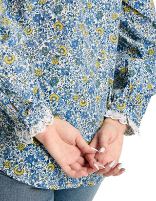 Womens' Floral Print Valentina Broderie Trim Blouse in Blue/White (Imperfect)