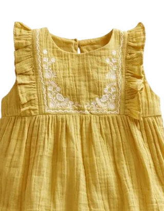 Mini Boden Girls' Embroidered Double Cloth Ruffle Top in Aqua Sea Blue/Mustard Yellow