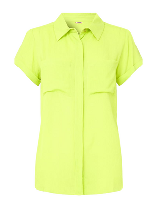Women's Short Sleeve Patch Pocket Collared Shirt Blouse in Lime