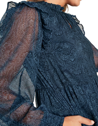 Women's Long Sleeve  Lumi Paisley Print Crinkle Dress in Navy