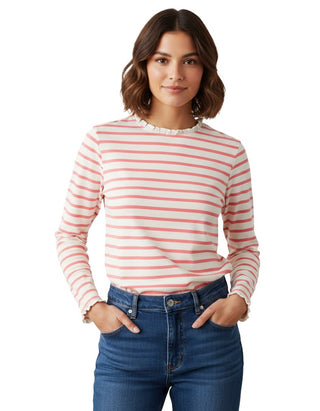 Women's Long Sleeve Cotton Frill Detail Stripe Top in Pink