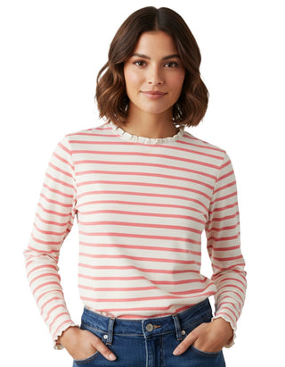 Women's Long Sleeve Cotton Frill Detail Stripe Top in Pink