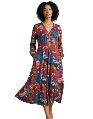 Women's Long Sleeve Megan Midi Jersey Dress in Chartreuse Multi