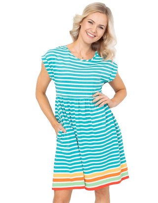 Women's Short Sleeve Turquoise Stripe Dress in Blue