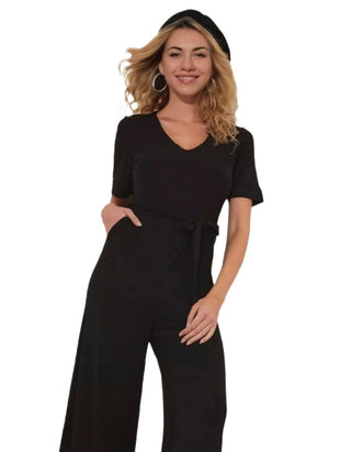 Women's Short Sleeve Jersey Wide Leg Jumpsuit in Black