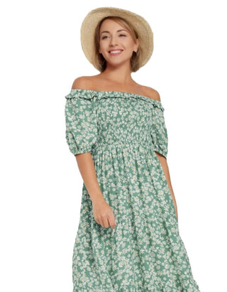 Women's Petite Size Short Puff Sleeve Bardot Dress in Green Floral