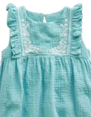 Mini Boden Girls' Embroidered Double Cloth Ruffle Top in Aqua Sea Blue/Mustard Yellow