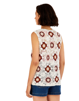 Women's Sustainable Floral Cotton Crochet Waistcoat in White Multi