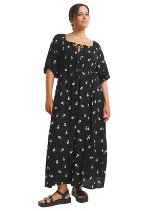 Women's Plus Size Floral Print Crinkle Midi Dress in Black Daisy