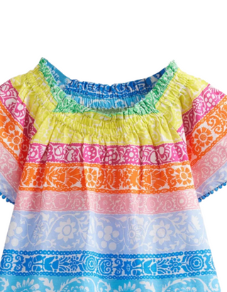 Mini Boden Girls' Wood Colourblock Printed Smocked Kaftan Dress in Multicolour
