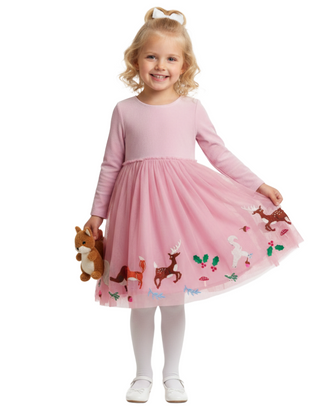 Mini Boden Girl's Velvet Bodice Festive Applique Tulle Dress in Pink (Imperfect)
