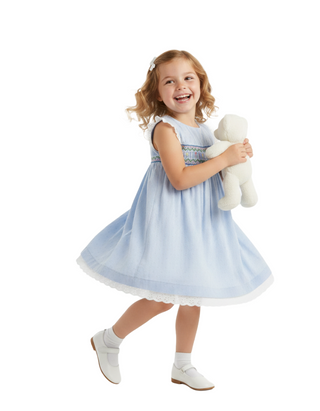 Mini Boden Girl's Smocked Lace Trim Dress in Vintage Denim (Imperfect)