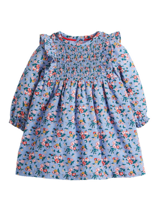 Baby Boden Girls' Fun Printed Smocked Woven Dress in Blue Spring Blooms