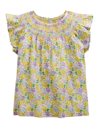 Mini Boden Girls Frilly Woven Smocked Top in Yellow Spring Fields