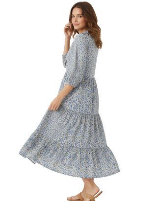Women's Cotton Tiered Floral Midi Dress in Ditsy Blue