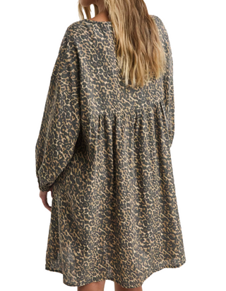 Women's Plus Size Animal Print Linen Blend Smock Dress - Brown