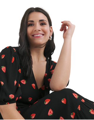 Womens Short Sleeve Fruit Print Crinkle Wrap Midi Dress in Black