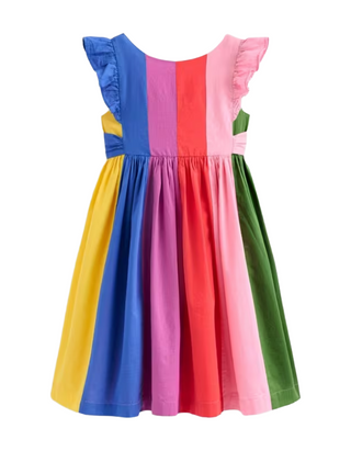 Mini Boden Girls' Prudence Cotton Stripe Bow Back Dress, Multi Rainbow