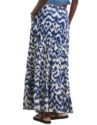 Women's Print Textured Crinkle Tiered Maxi Skirt in Blue