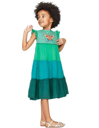 Mini Boden Girls' Tiered Colourblock Dress Embroidered Dress- Green