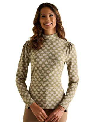 Women's Elizabeth Floral Long Sleeve High Neck Jersey Top in Green
