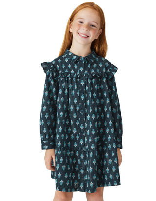 John Lewis Girls' Diamond Frill Yoke Printed Shirt Dress in Midnight Navy