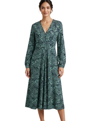 Women's Megan Midi V-Neck Jersey Dress in Blue Print