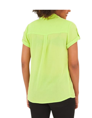 Women's Short Sleeve Patch Pocket Collared Shirt Blouse in Lime