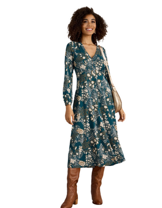 Women's Megan V-Neck Floral Jersey Midi Dress in Teal Green