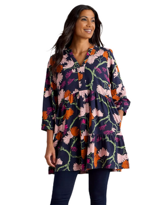 Women's Long Sleeve Marta V-Neck Jersey Tunic in Navy Abstract Floral