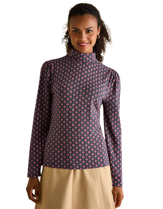 Women's Elizabeth Floral Long Sleeve High Neck Jersey Top in Navy