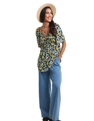 Women's Short Sleeve Floral Print Crinkle Blouse in Multicolour