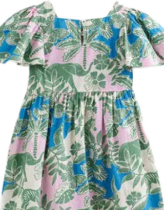 Mini Boden Girls' Safari Printed Flutter-sleeve Dress in Green Mix